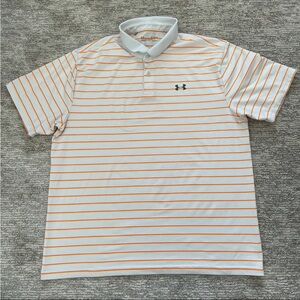 Under Armour Heat Gear Golf Polo Shirt Mens XL White Orange Stripe Short Sleeve